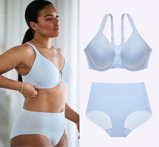 A model wearing a light blue bra and matching high-waisted underwear, showcasing a comfortable lingerie set.