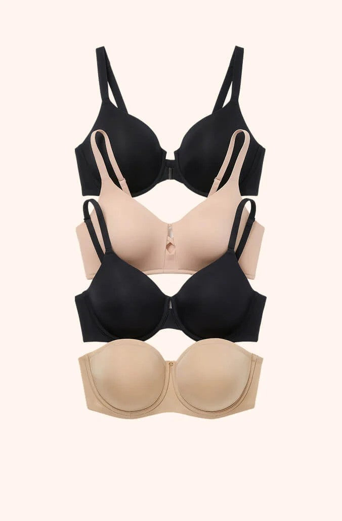 Laydown of the four Bare Absolute Minimizer styles.  From top to bottom: Front-Close, Wire-Free, Underwire, Strapless.