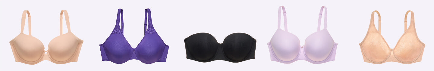 A collection of 5 bras in all different types and colors