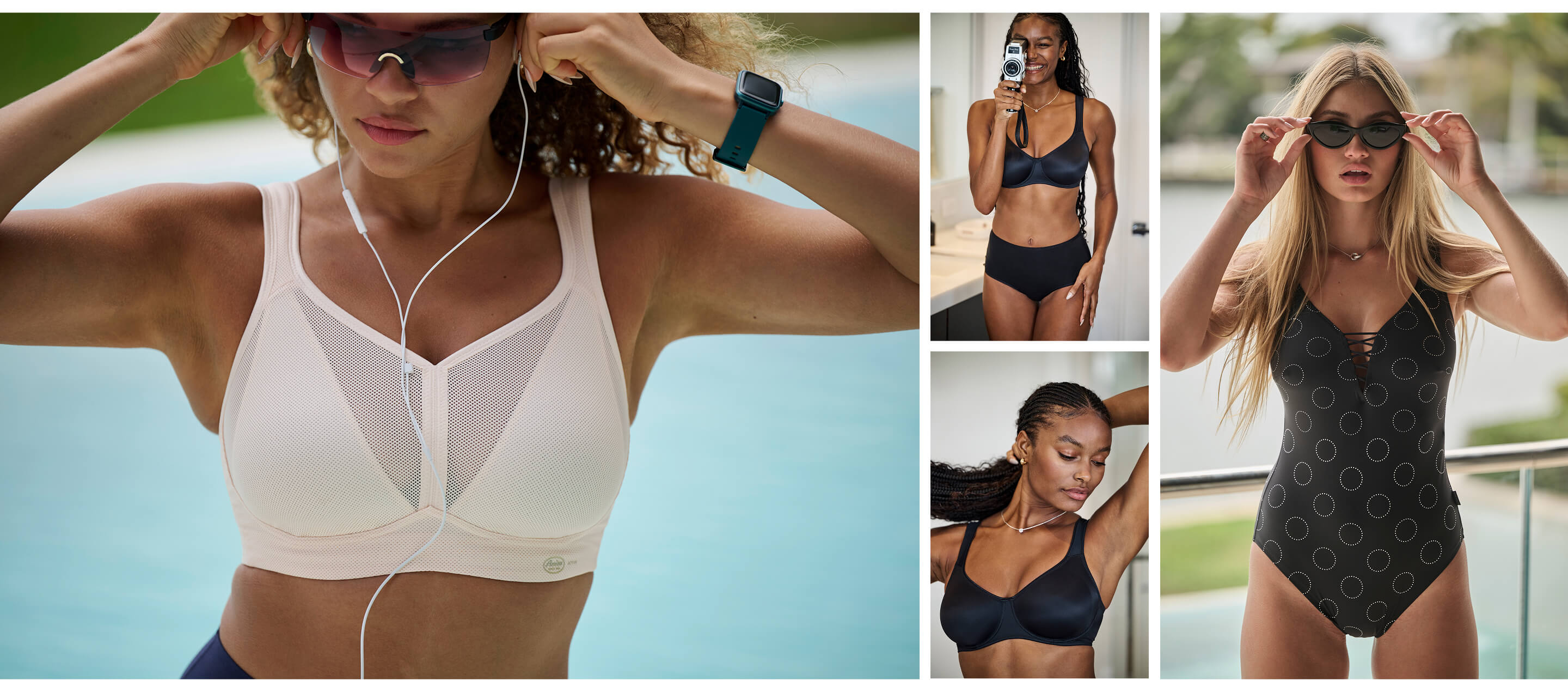 A collage featuring women in activewear and swimwear, showcasing various styles and settings, including a poolside and indoor environment.