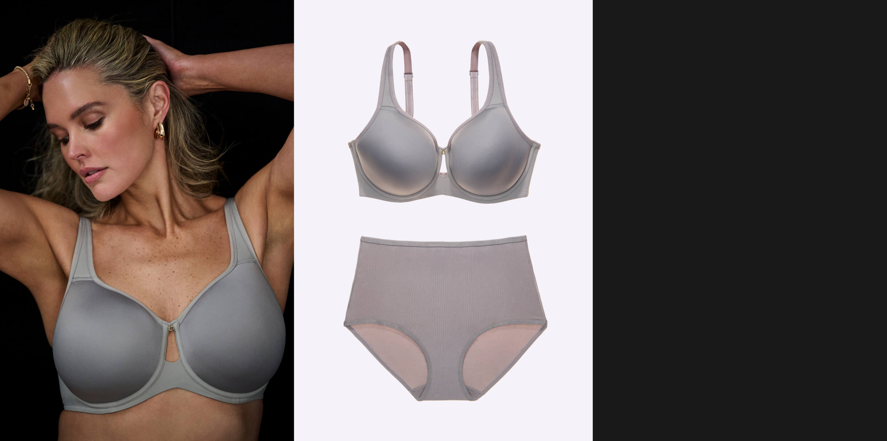 A model poses with her hair up, showcasing a gray bra and matching high-waisted underwear displayed beside her.