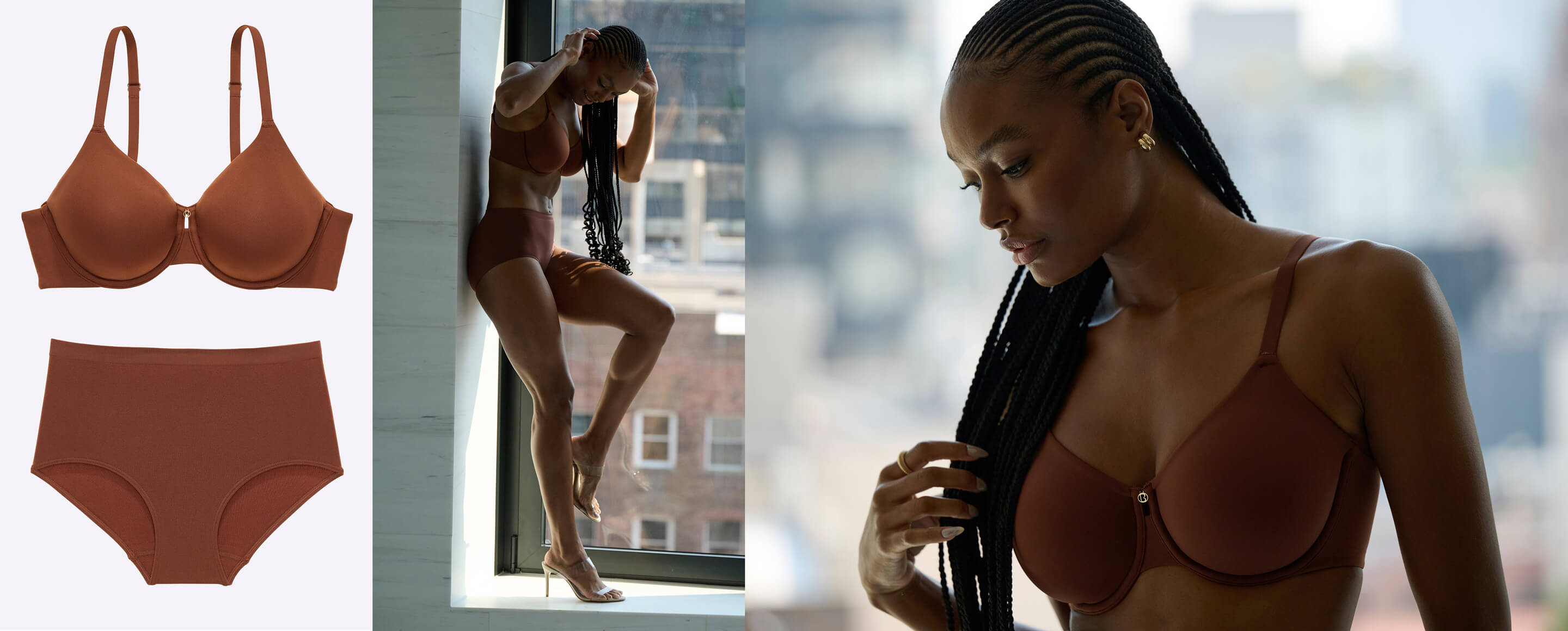 A model poses by a window wearing a brown bra and high-waisted underwear, showcasing a stylish lingerie set.