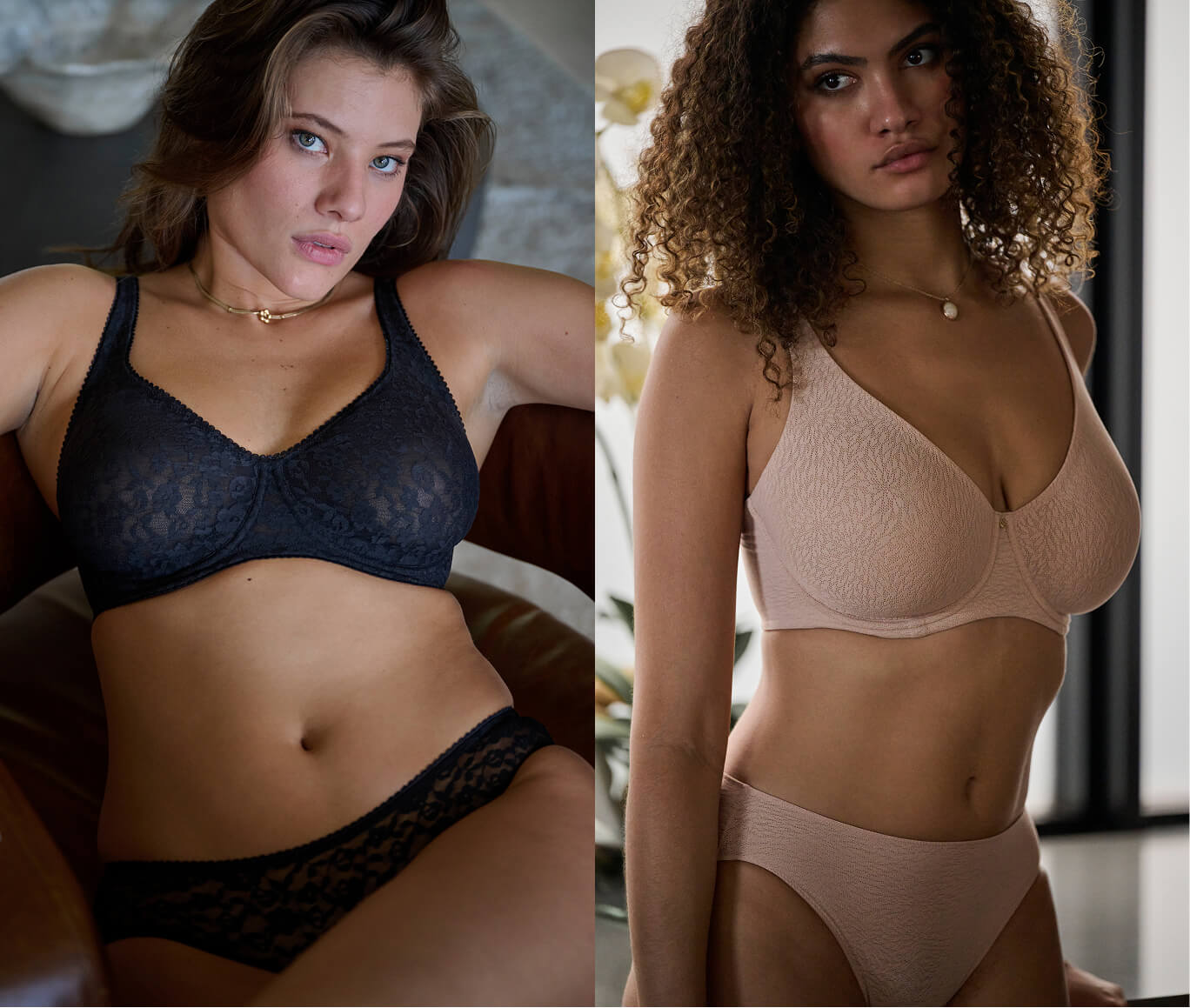 Two models wearing black and nude unlined bras.