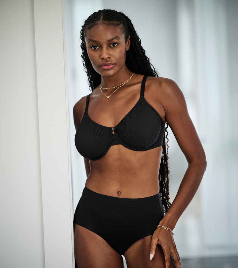 Model wearing the Bare Absolute Minimizer Bra and Shaping Brief, a Bare Necessities birthday sweepstakes prize