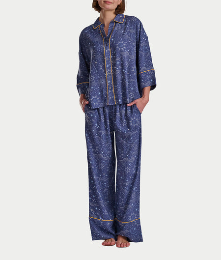 Woven 3/4 Sleeve Button-Down Top and Long Pant Set