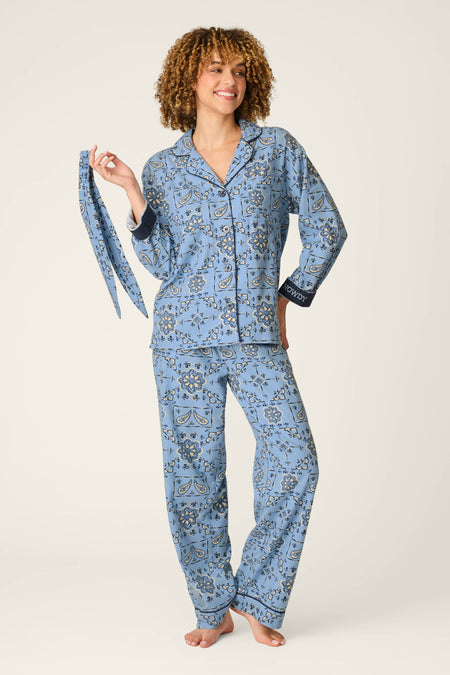 Classic Paisley Bandana Print 3-Piece Flannel Pajama Set