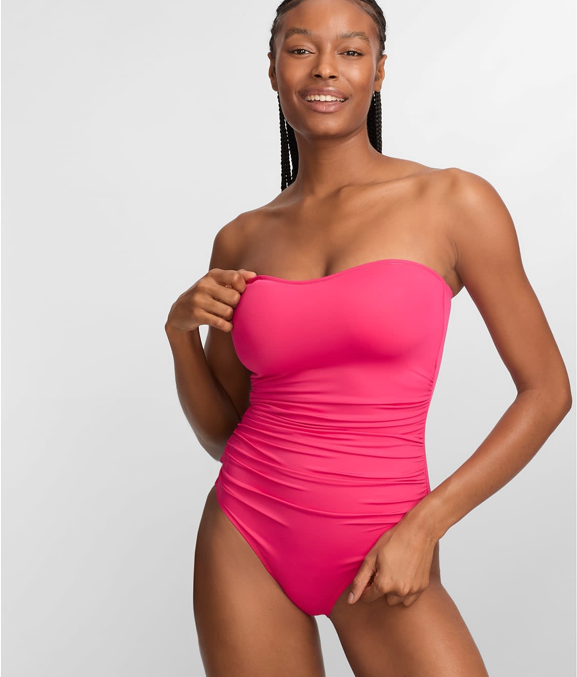 strapless swim dress Profile by Gottex Tutti Frutti Navy Plus Size Cross Over Bandeau Swimdress and versatile coverage Women's Sculpting Bandeau Lace Back
