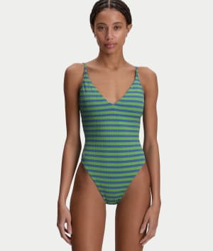 Cable Stripe V-Neck One-Piece Swimsuit: undefined
