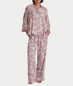 Woven 3/4 Sleeve Button-Down Top and Long Pant Set: undefined