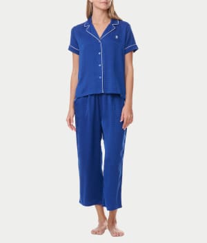 Notch Collar Cropped Woven Pajama Set: undefined