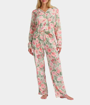 Vintage Dreams Long Sleeve Notch Pajama Set With Picot Trim: undefined