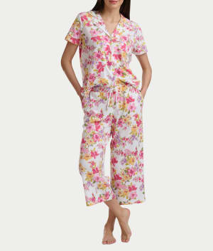 Notch Collar Knit Capri Pajama Set: Multi Floral