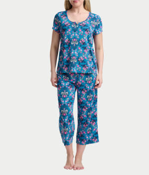 KN Cool Short Sleeve Henley Knit Cropped Pajama Set: Floral Brocade
