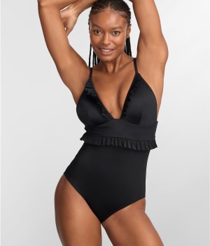 The Slimming Ruffle Plunge One-Piece: undefined